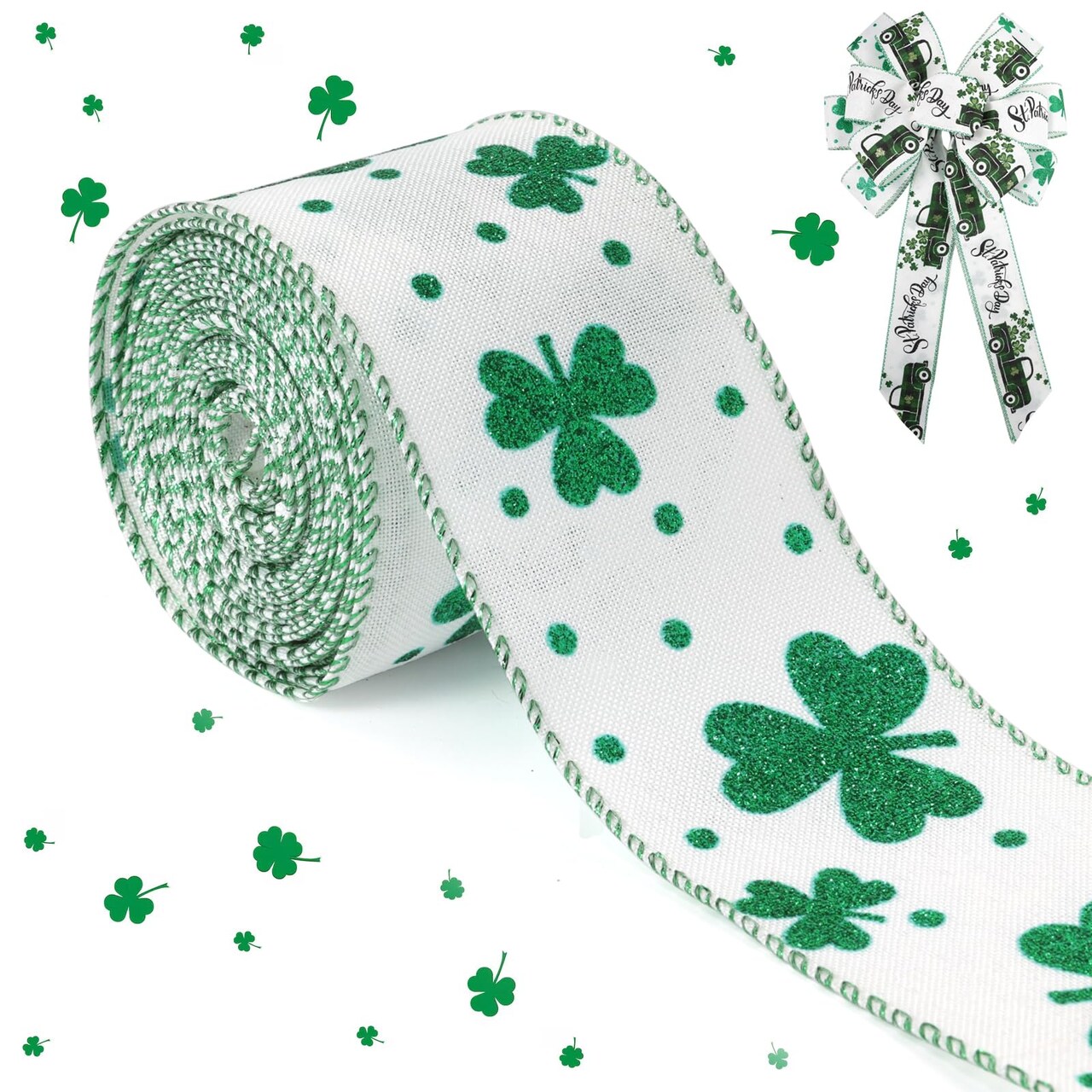 St. Patricks Day Ribbon Wired, Glitter Green Shamrock Fabric Ribbons Gift Wrapping DIY Craft Wreath Bows Making Festival Party Birthday Decoration, 10 Yards x 2.5 Inches